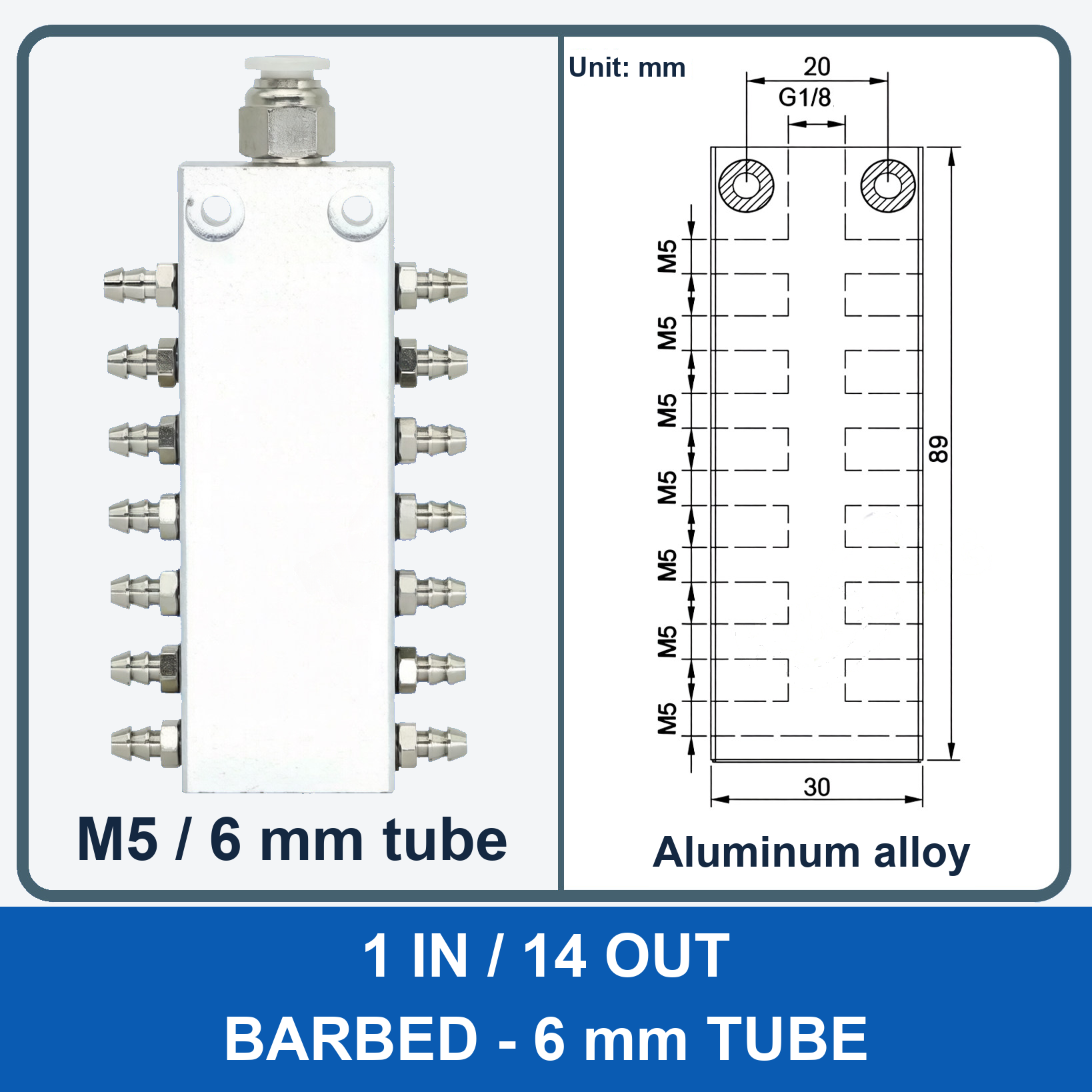 Aluminum air manifold - 1 in / 14 out - Barbed, 6 mm tube - product and dimension drawing