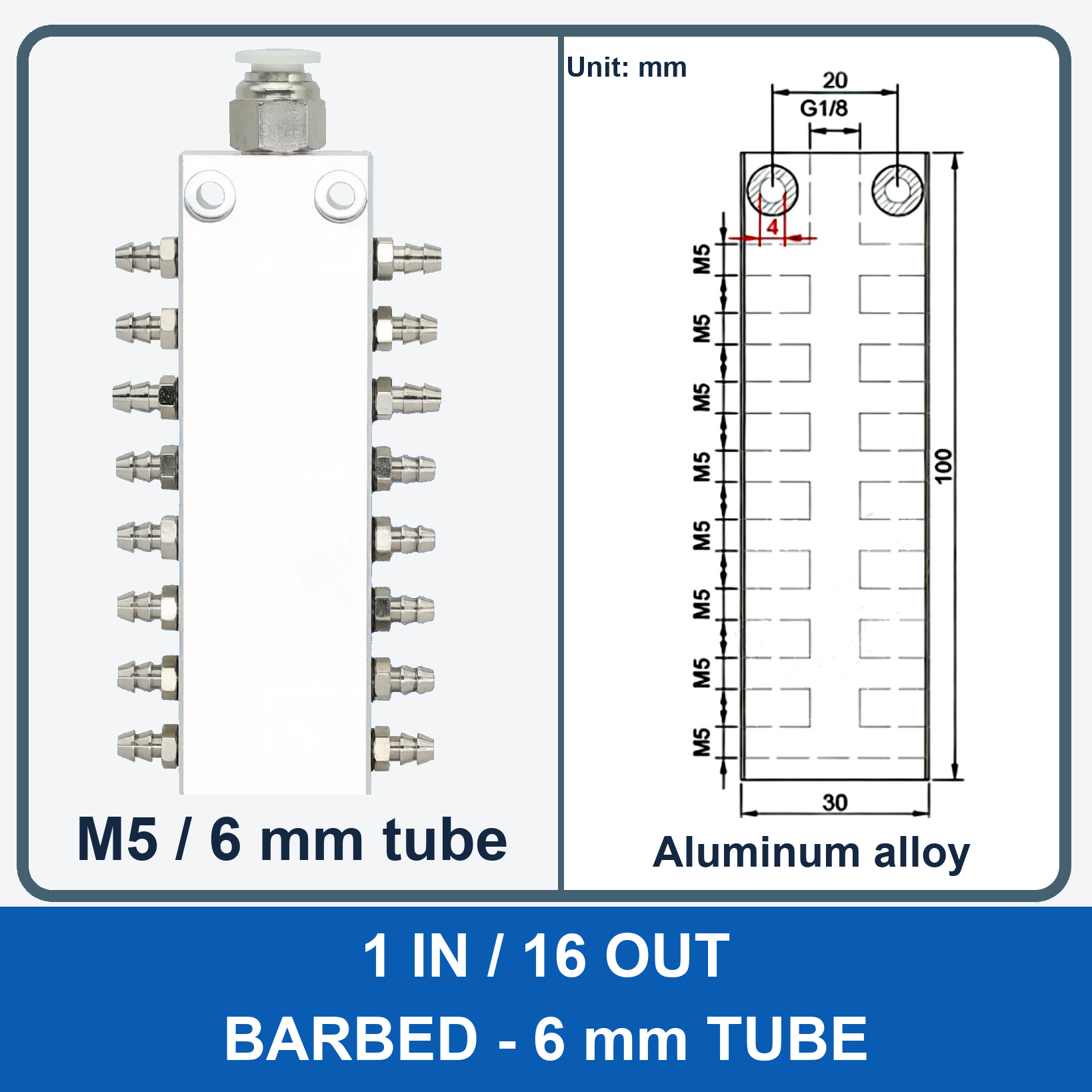 Aluminum air manifold - 1 in / 16 out - Barbed, 6 mm tube - product and dimension drawing