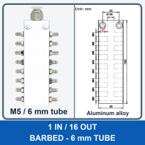 Aluminum air manifold - 1 in / 16 out - Barbed, 6 mm tube - product and dimension drawing