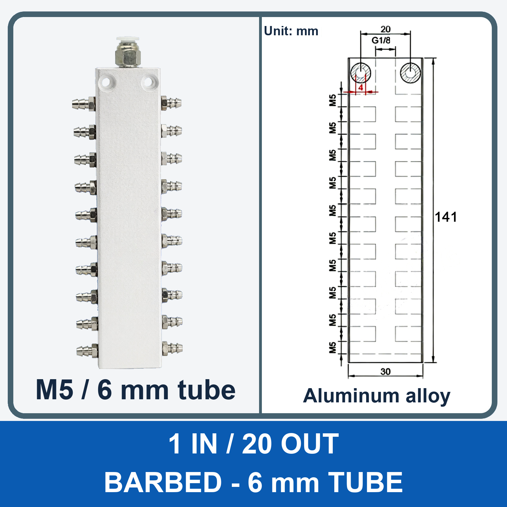 Aluminum air manifold - 1 in / 20 out - Barbed, 6 mm tube - product and dimension drawing