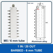 Aluminum air manifold - 1 in / 20 out - Barbed, 6 mm tube - product and dimension drawing