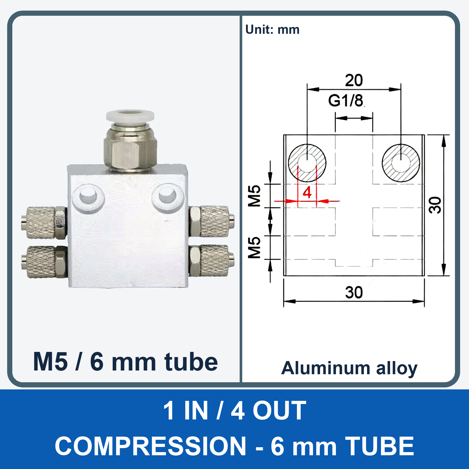 Aluminum air manifold - 1 in / 4 out - Compression, 6 mm tube - product and dimension drawing