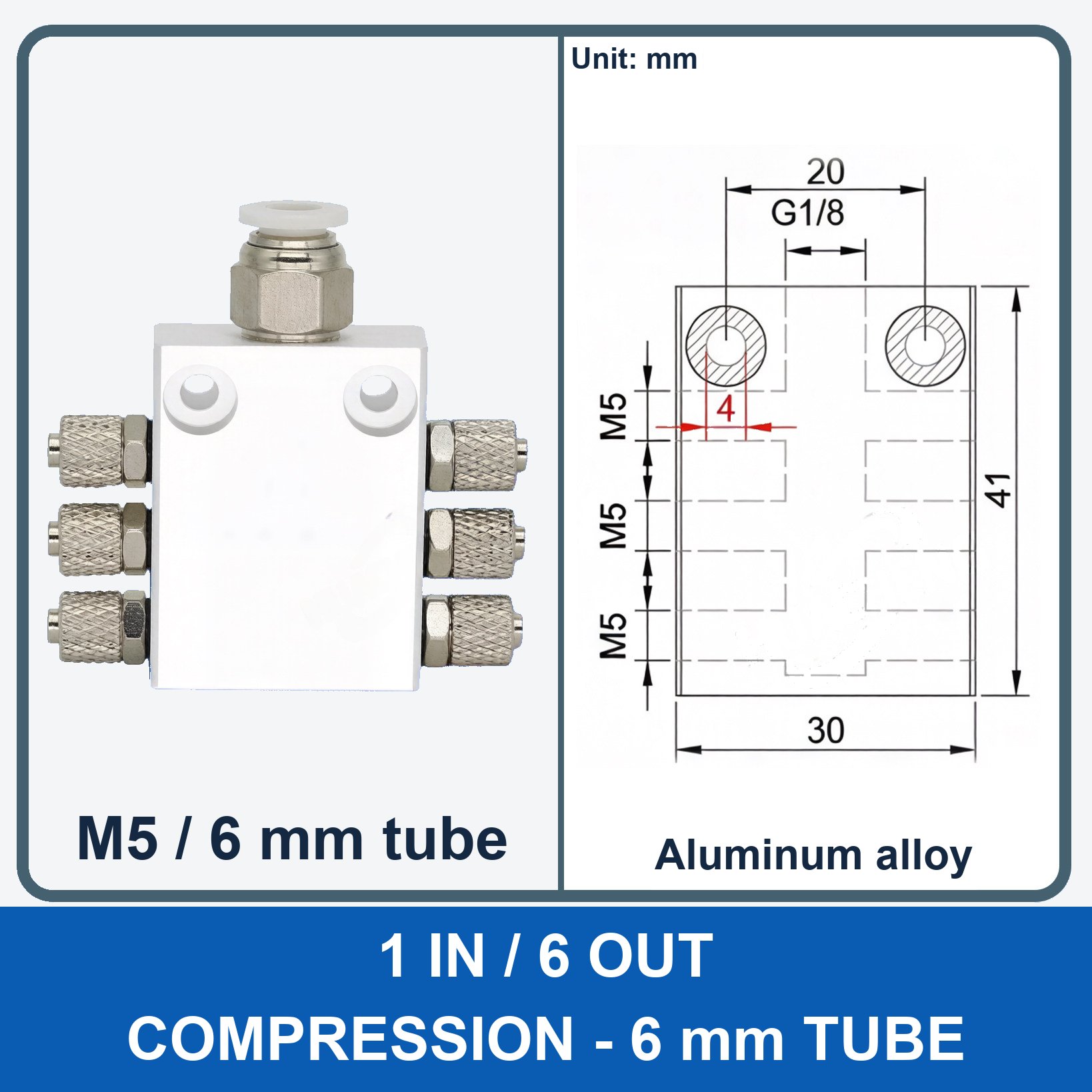 Aluminum air manifold - 1 in / 6 out - Compression, 6 mm tube - product and dimension drawing