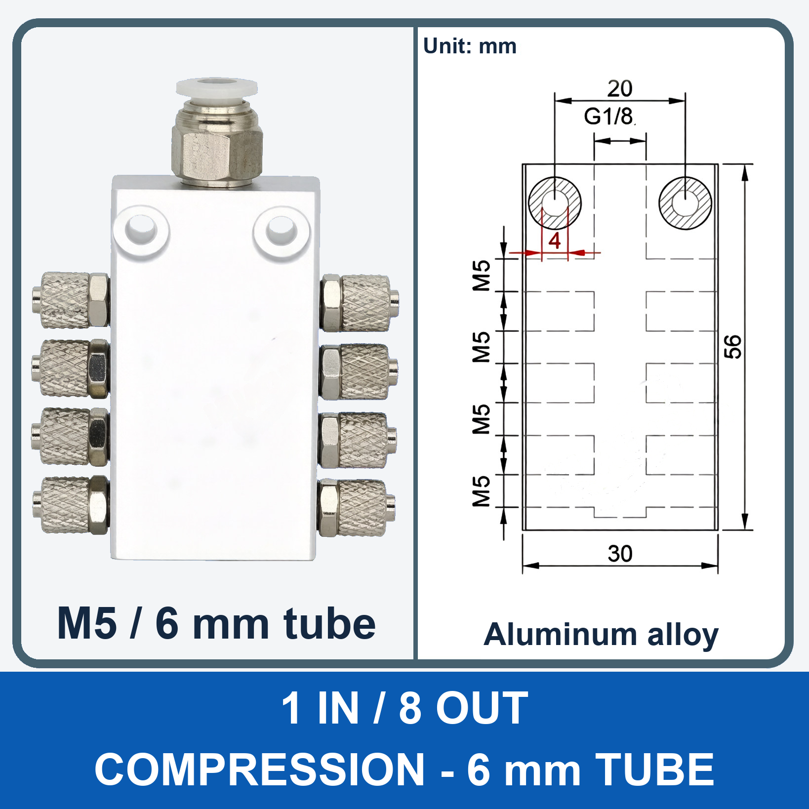Aluminum air manifold - 1 in / 8 out - Compression, 6 mm tube - product and dimension drawing