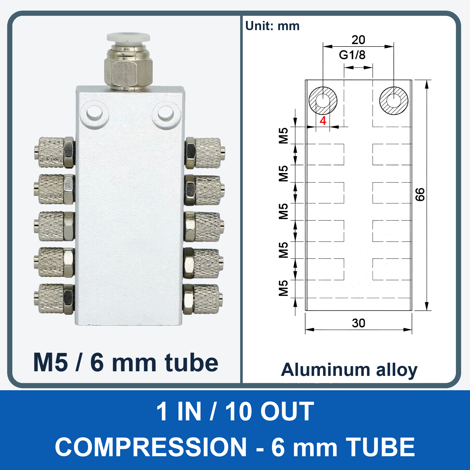 Aluminum air manifold - 1 in / 10 out - Compression, 6 mm tube - product and dimension drawing