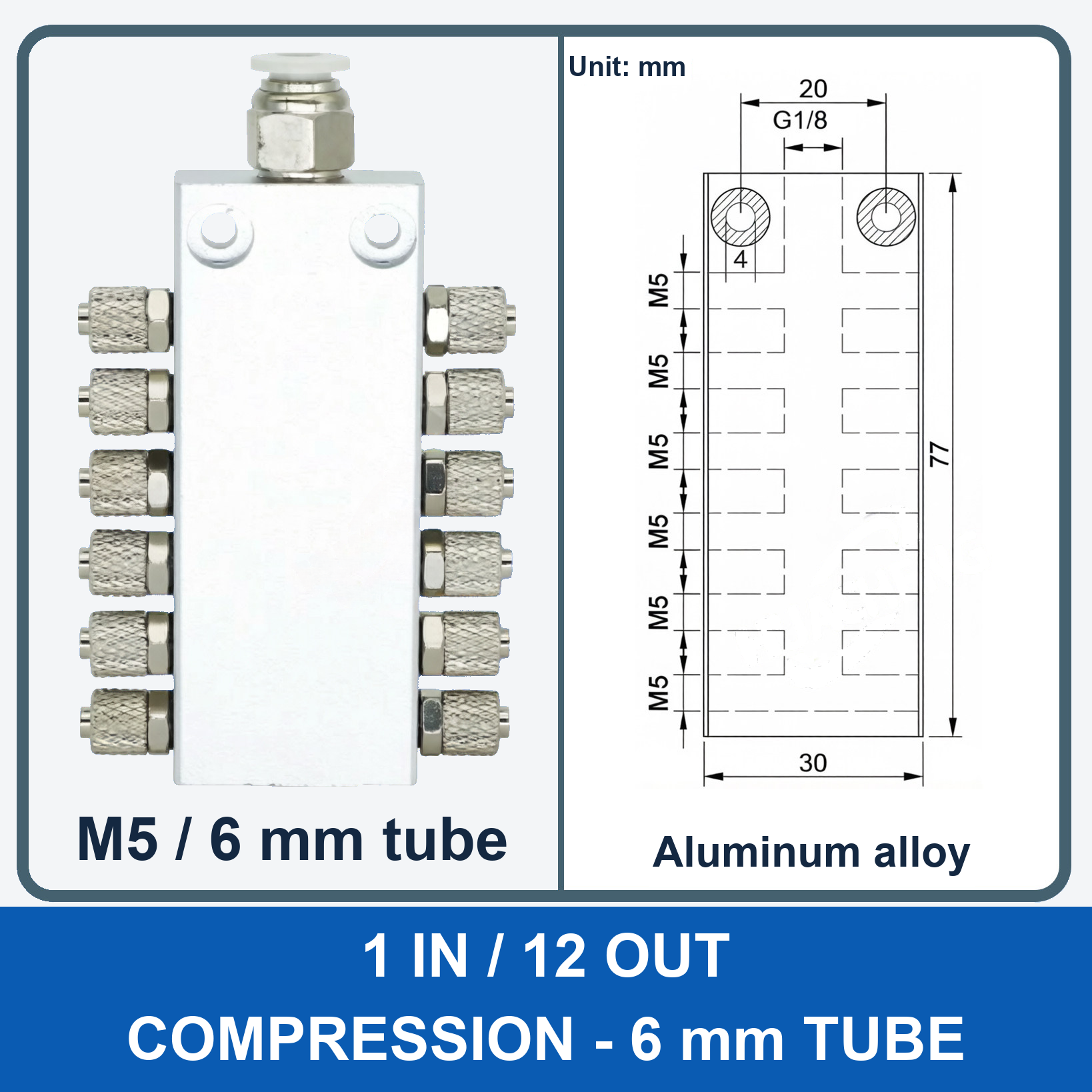 Aluminum air manifold - 1 in / 12 out - Compression, 6 mm tube - product and dimension drawing