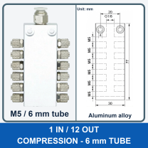 Aluminum air manifold - 1 in / 12 out - Compression, 6 mm tube - product and dimension drawing