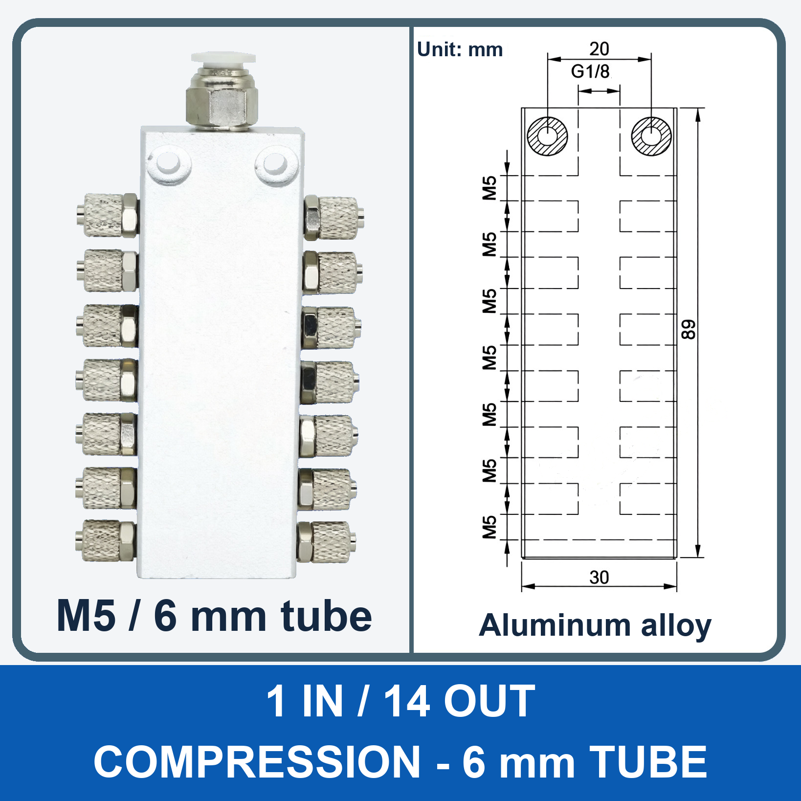 Aluminum air manifold - 1 in / 14 out - Compression, 6 mm tube - product and dimension drawing