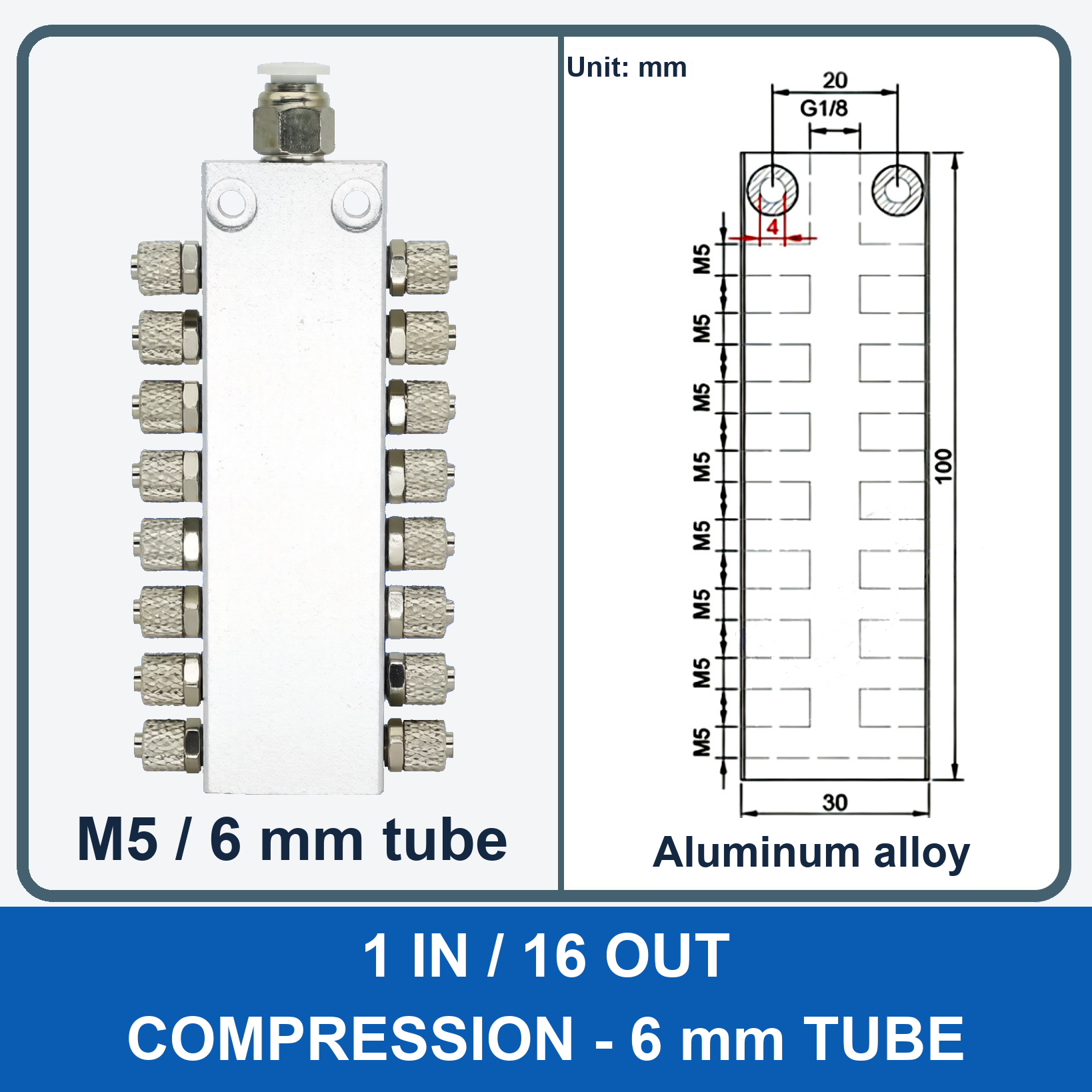 Aluminum air manifold - 1 in / 16 out - Compression, 6 mm tube - product and dimension drawing