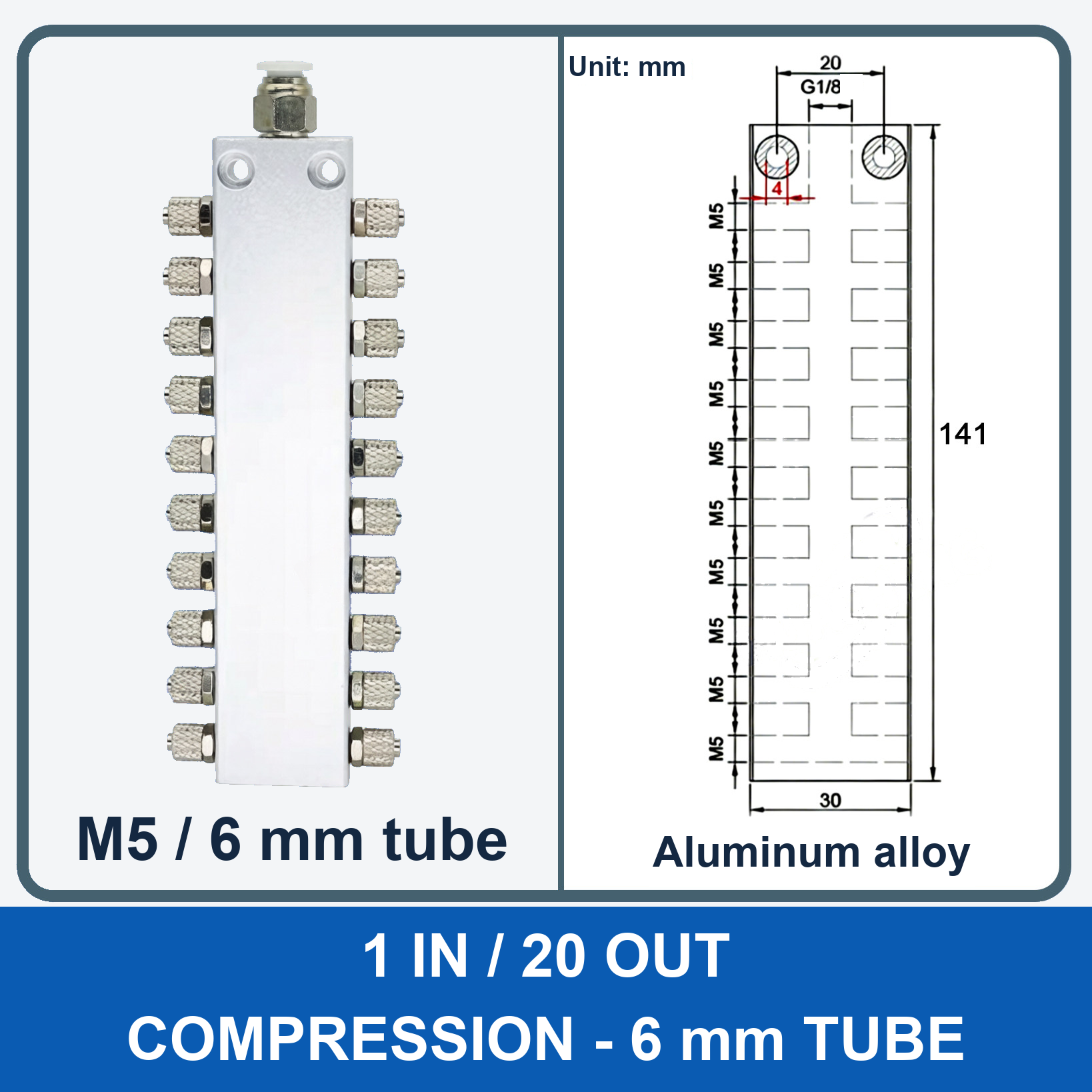 Aluminum air manifold - 1 in / 20 out - Compression, 6 mm tube - product and dimension drawing