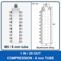 Aluminum air manifold - 1 in / 20 out - Compression, 6 mm tube - product and dimension drawing