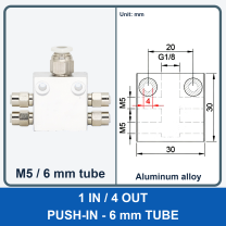Aluminum air manifold - 1 in / 4 out - Push-in, 6 mm tube - product and dimension drawing