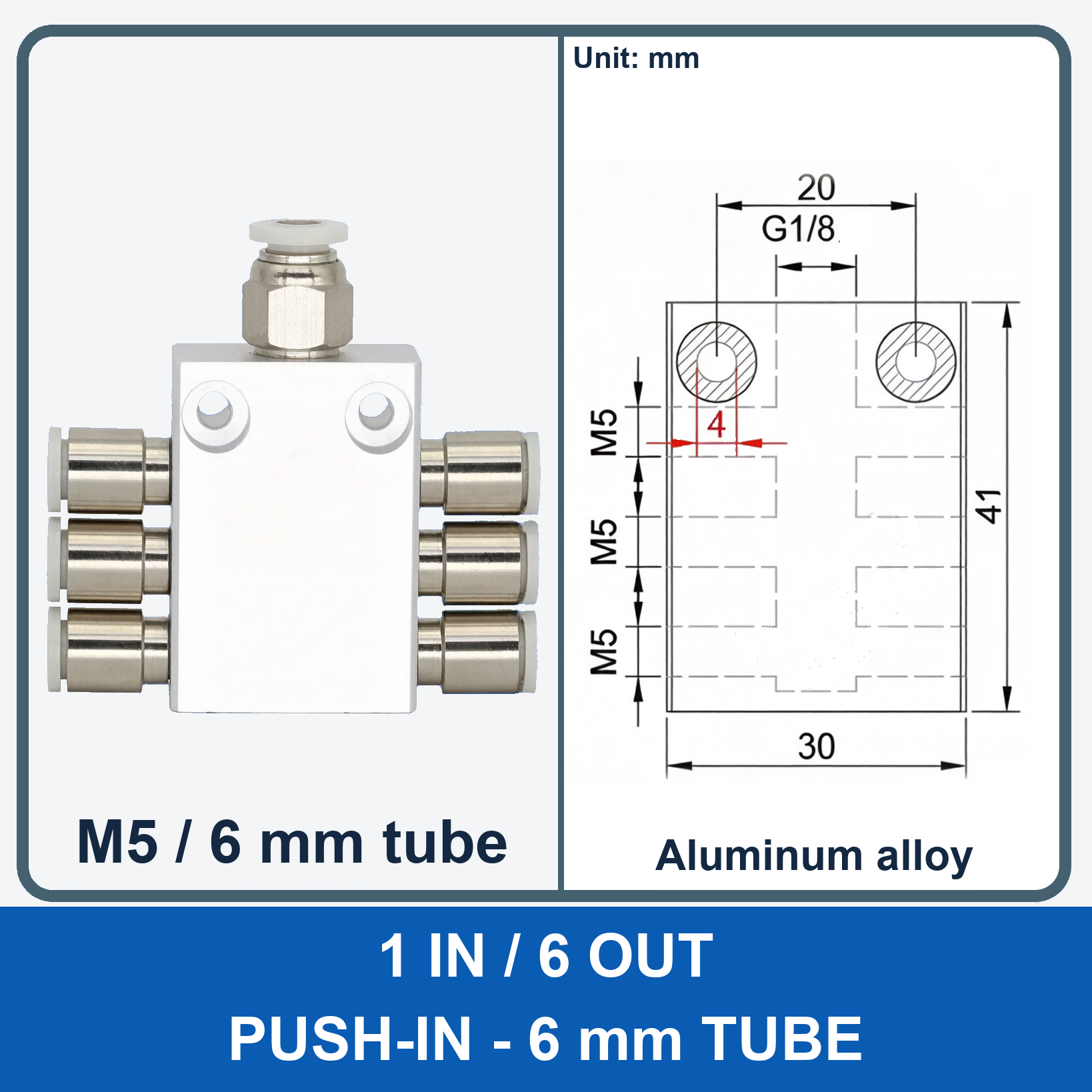 Aluminum air manifold - 1 in / 6 out - Push-in, 6 mm tube - product and dimension drawing