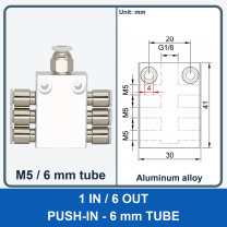 Aluminum air manifold - 1 in / 6 out - Push-in, 6 mm tube - product and dimension drawing