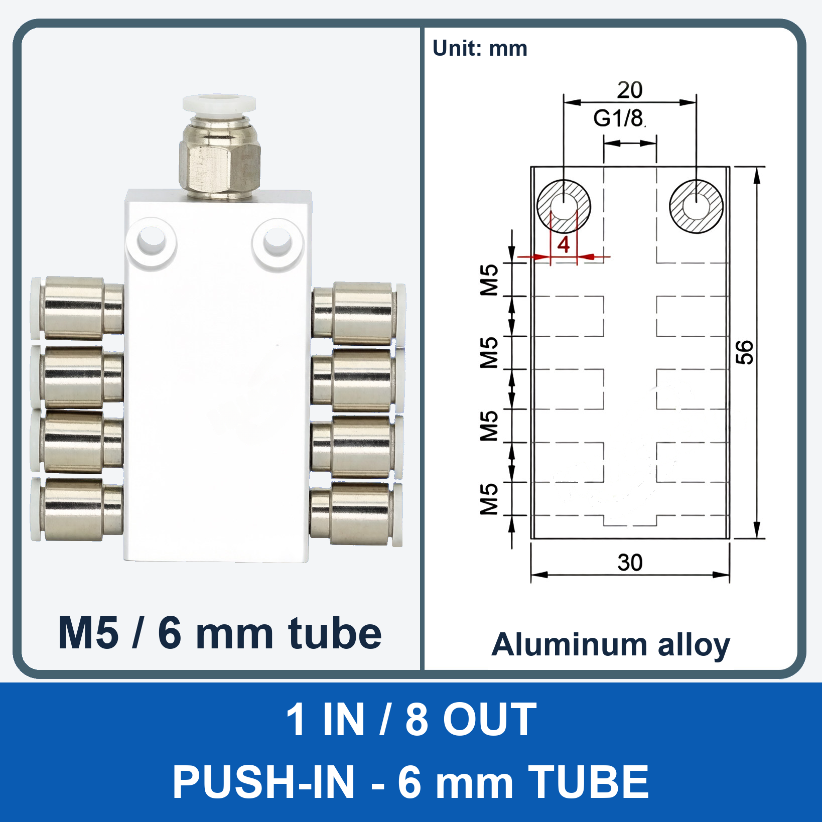 Aluminum air manifold - 1 in / 8 out - Push-in, 6 mm tube - product and dimension drawing