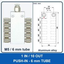 Aluminum air manifold - 1 in / 10 out - Push-in, 6 mm tube - product and dimension drawing