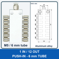 Aluminum air manifold - 1 in / 12 out - Push-in, 6 mm tube - product and dimension drawing