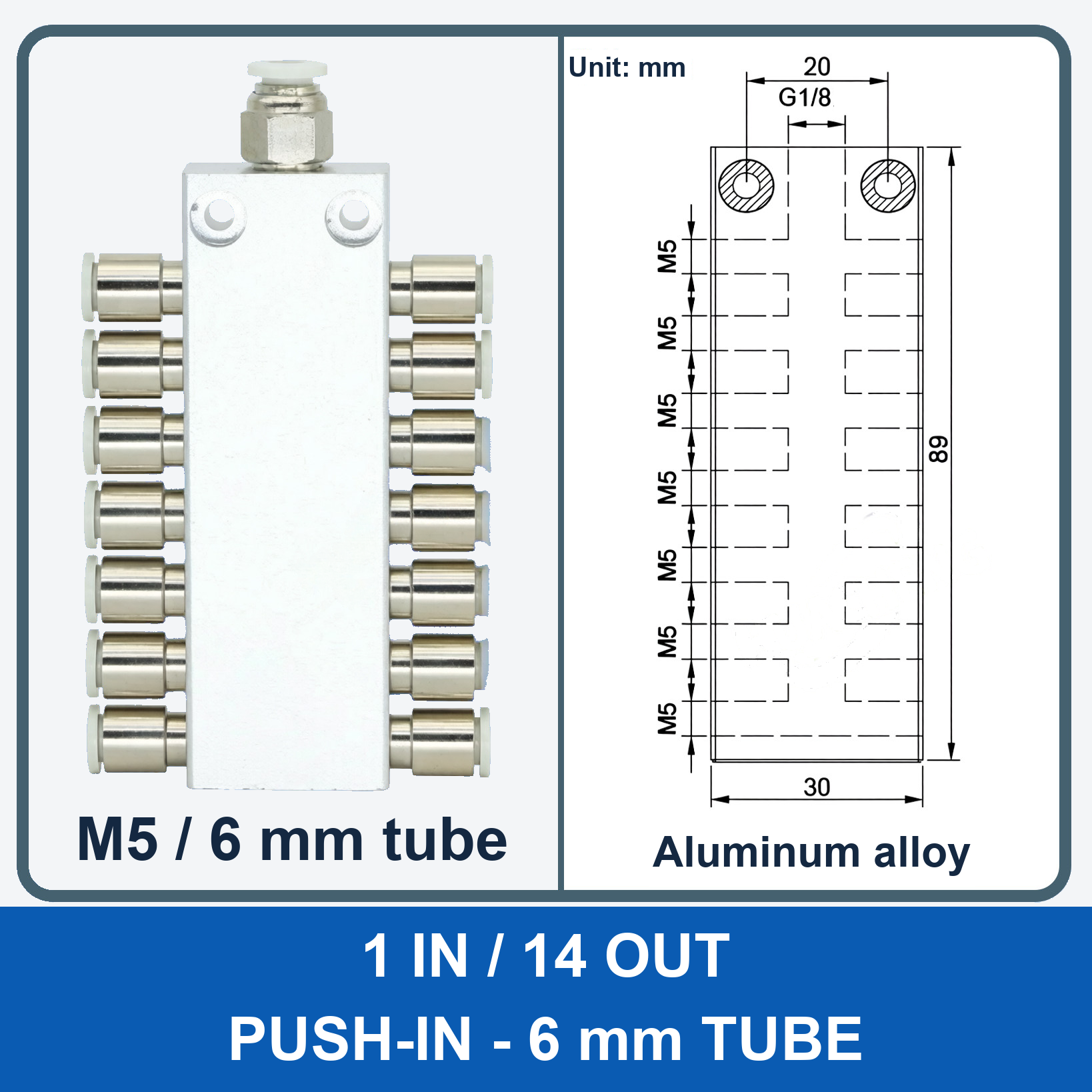 Aluminum air manifold - 1 in / 14 out - Push-in, 6 mm tube - product and dimension drawing