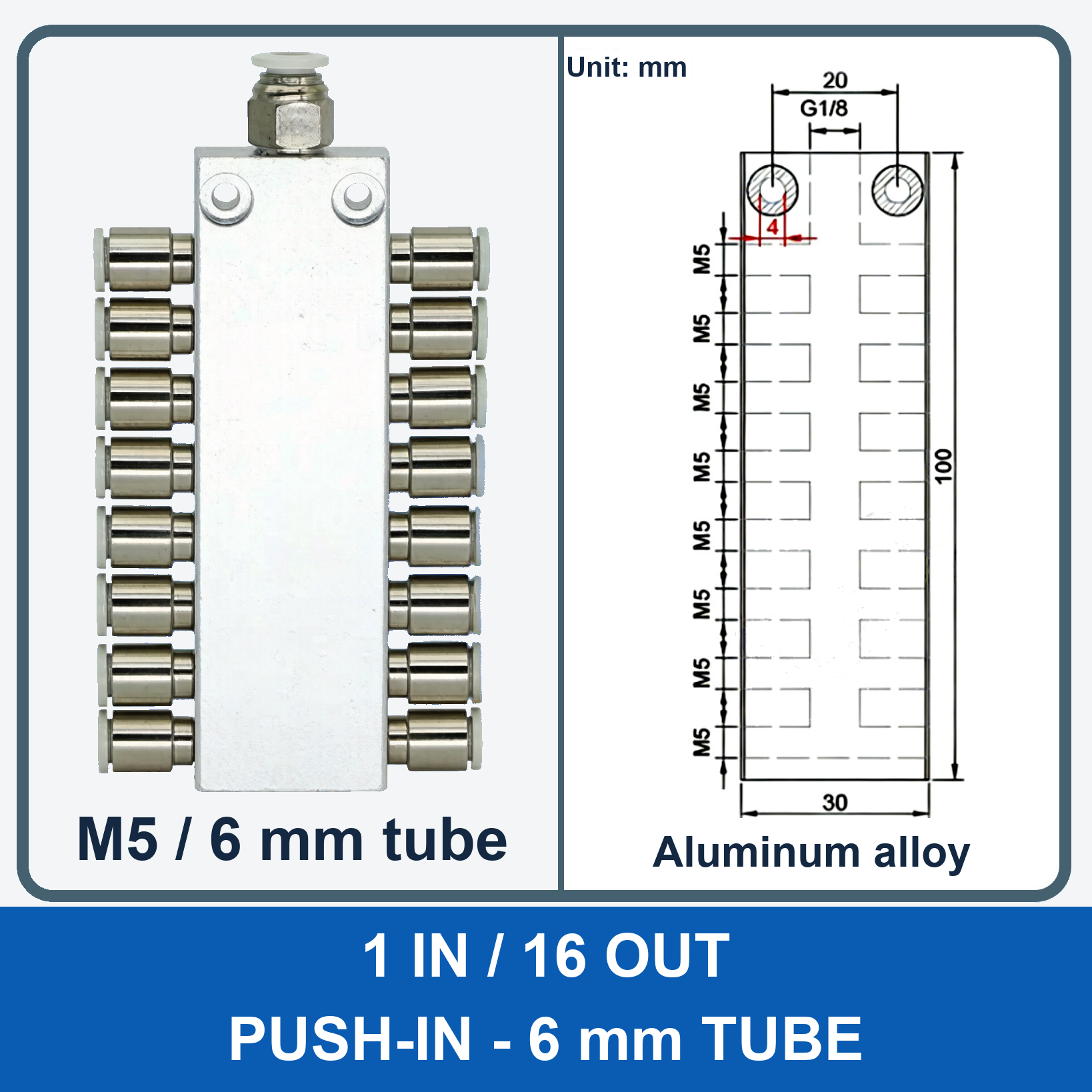 Aluminum air manifold - 1 in / 16 out - Push-in, 6 mm tube - product and dimension drawing