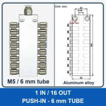 Aluminum air manifold - 1 in / 16 out - Push-in, 6 mm tube - product and dimension drawing