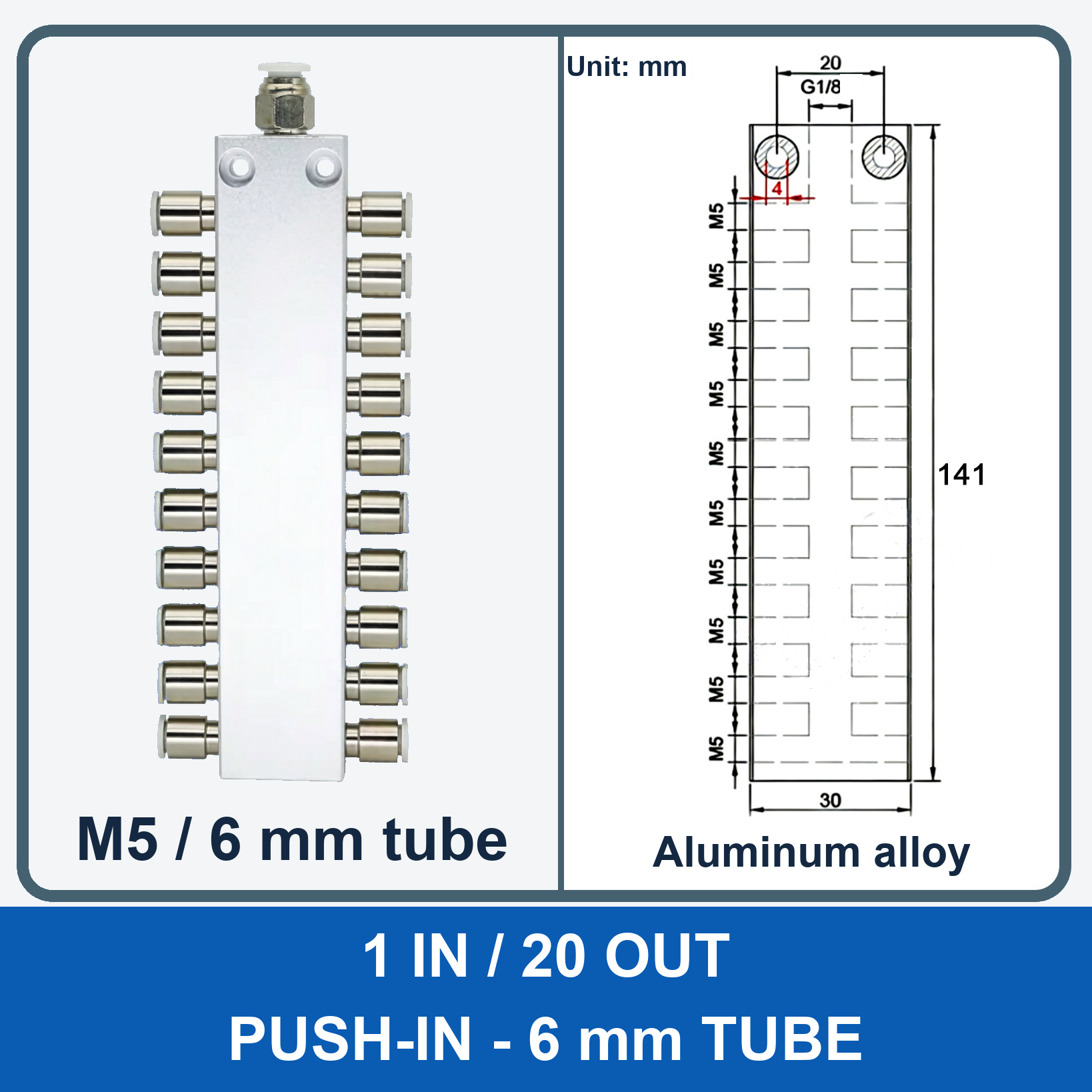 Aluminum air manifold - 1 in / 20 out - Push-in, 6 mm tube - product and dimension drawing