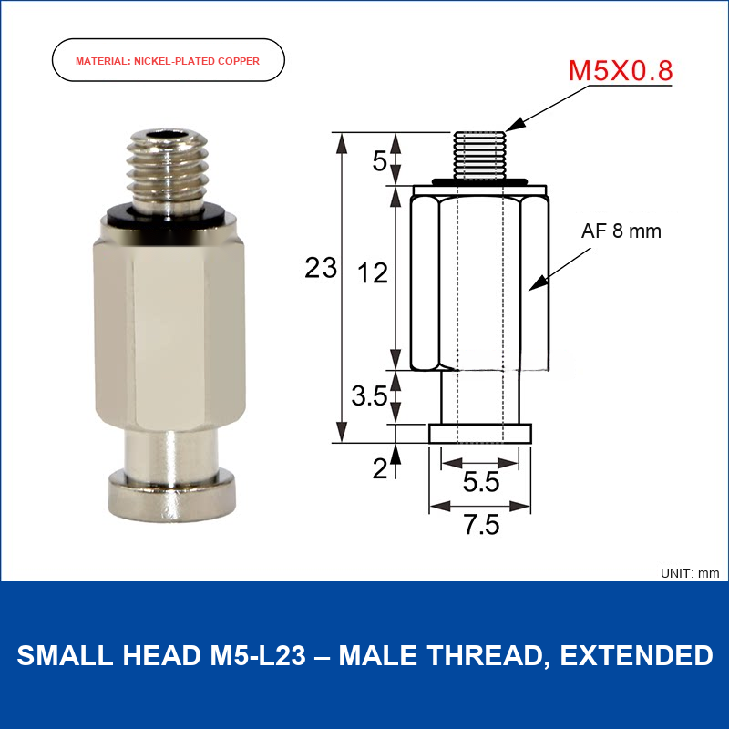 Small Head M5-L23 – Male Thread, Extended vacuum cup fitting or adapter, Nickel-Plated Copper, Male Thread, with technical dimensions