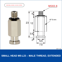 Small Head M5-L23 – Male Thread, Extended vacuum cup fitting or adapter, Nickel-Plated Copper, Male Thread, with technical dimensions