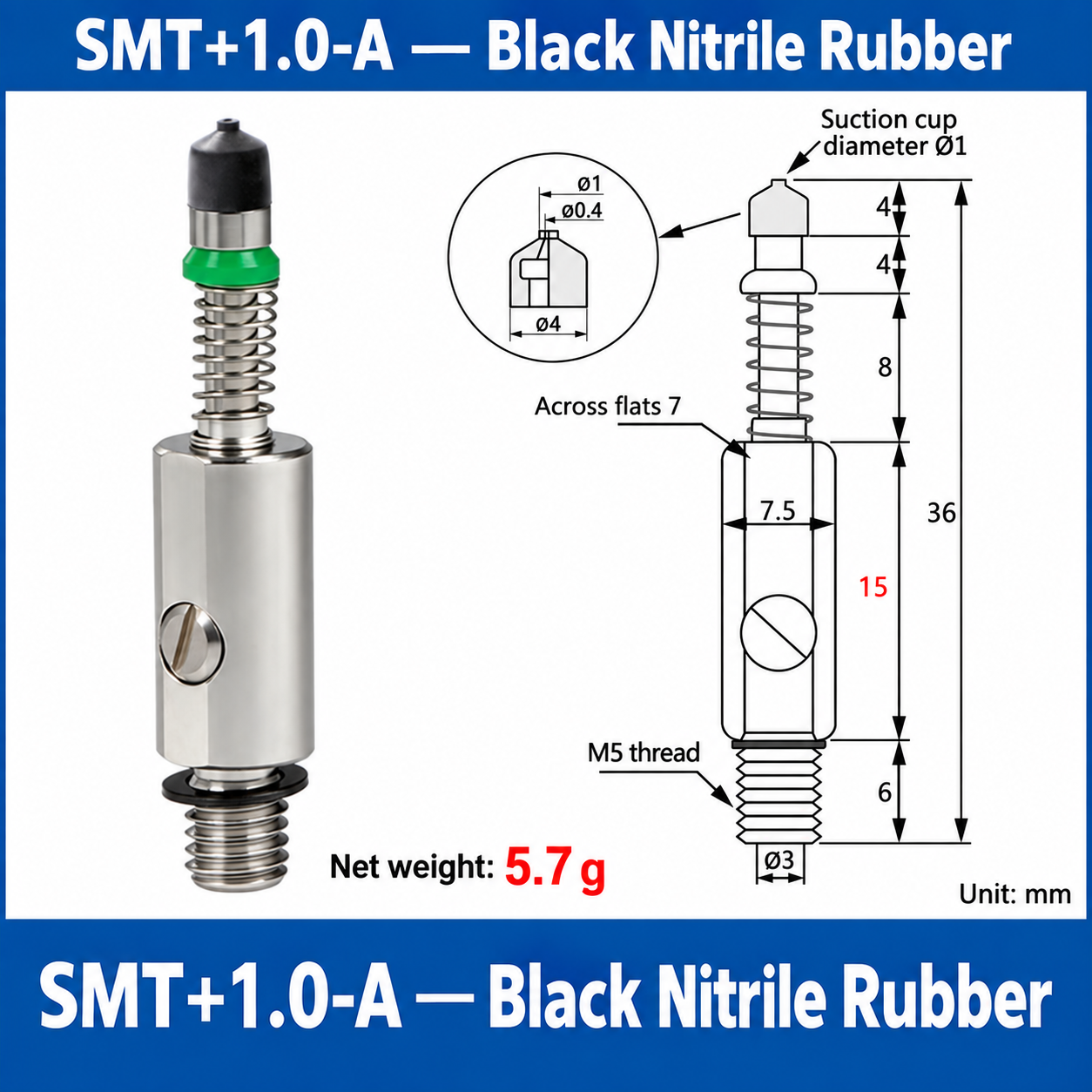 SMT+1.0-A — Black Nitrile Rubber: real product photo and dimensions in millimeters