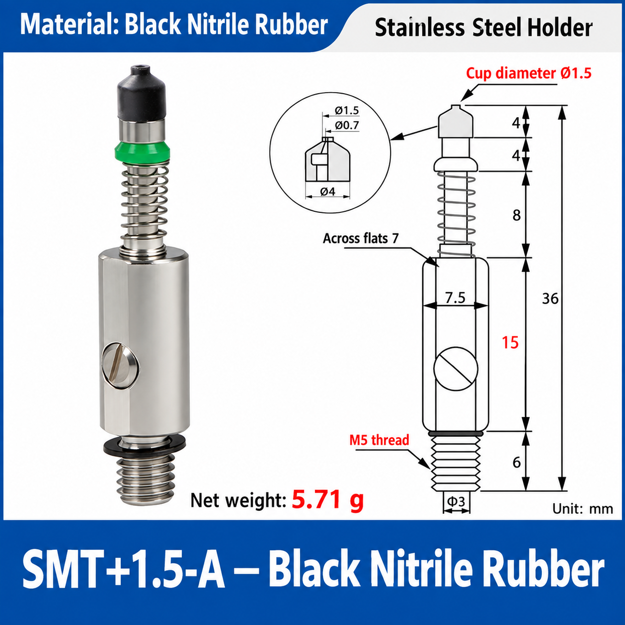 SMT+1.5-A — Black Nitrile Rubber: real product photo and dimensions in millimeters