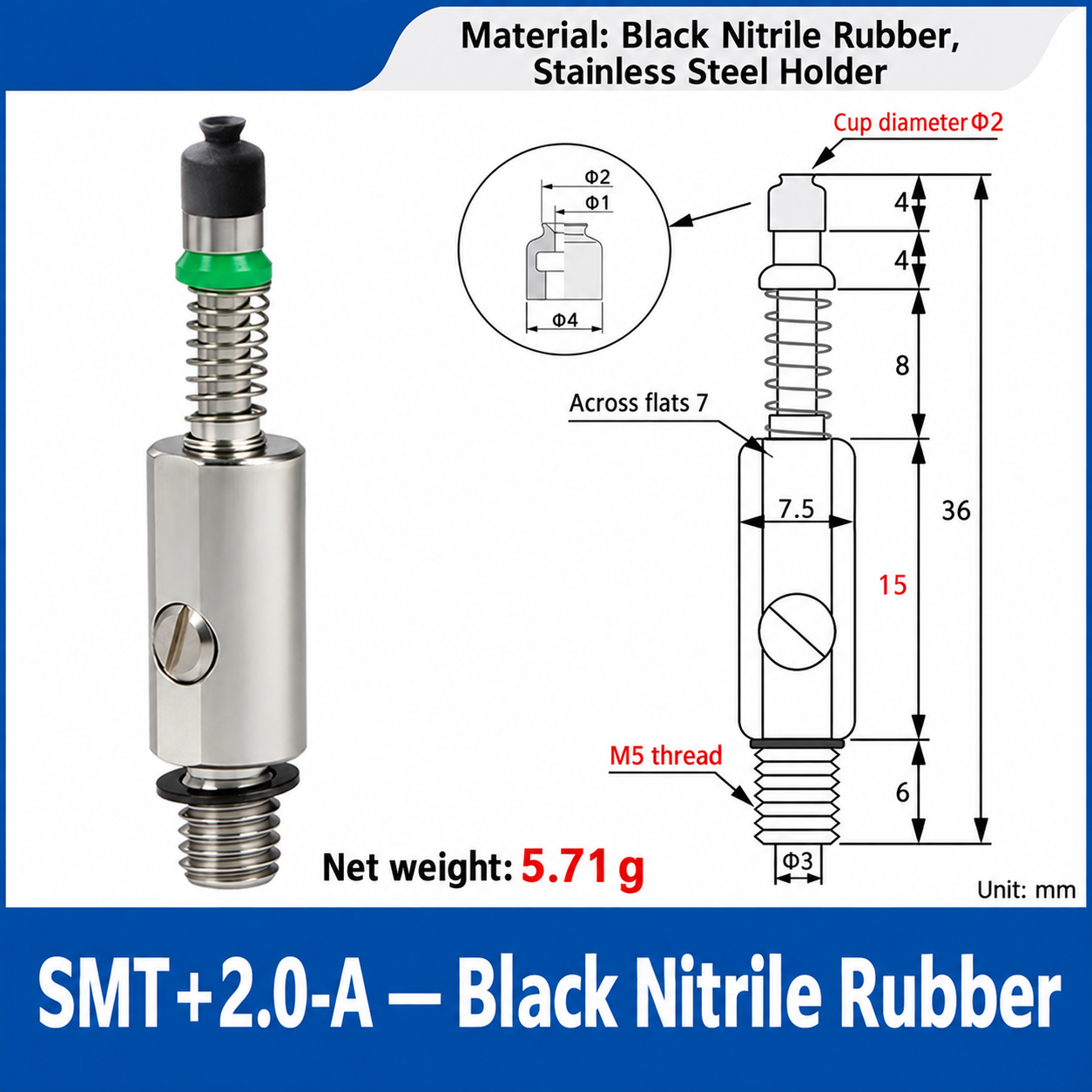 SMT+2.0-A — Black Nitrile Rubber: real product photo and dimensions in millimeters