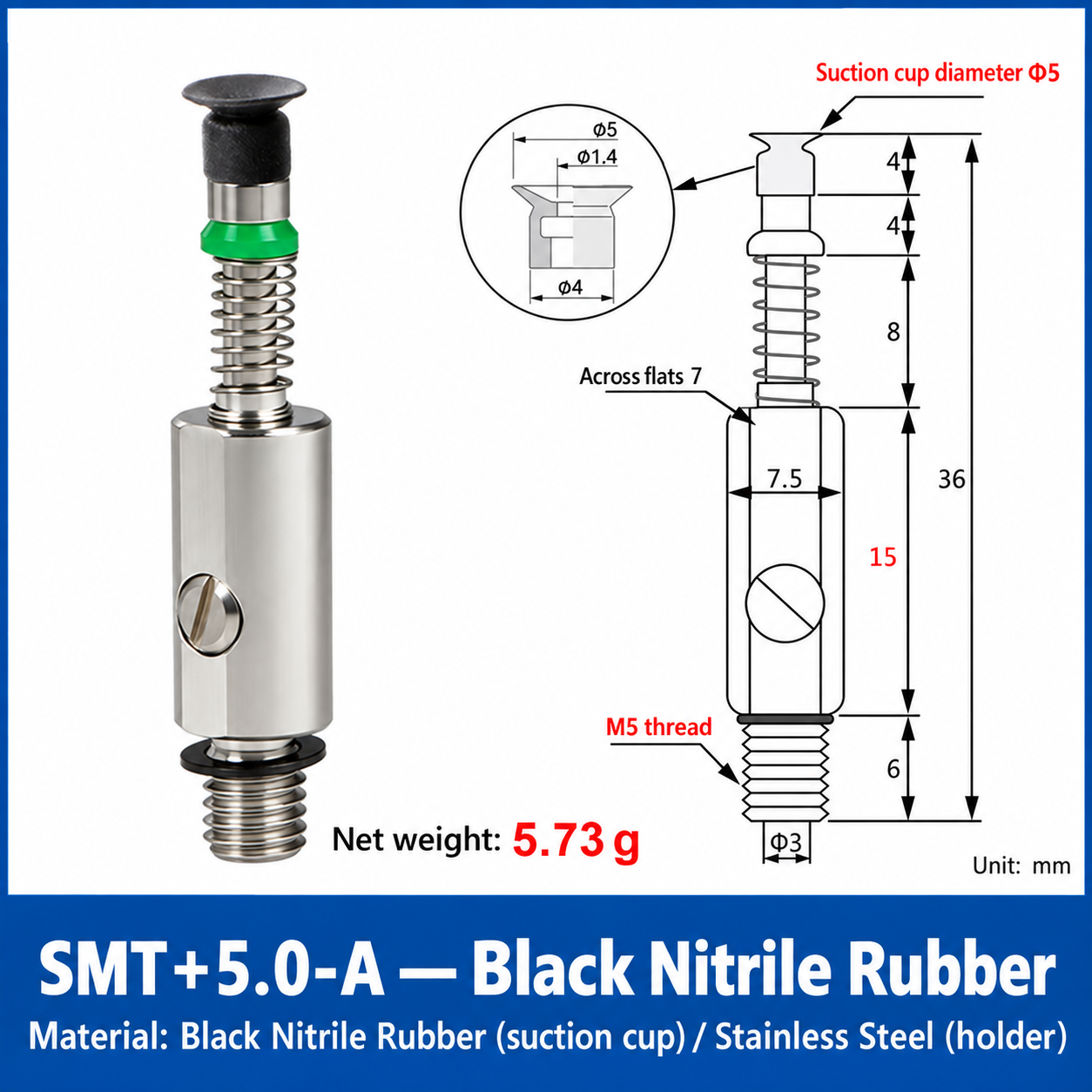 SMT+5.0-A — Black Nitrile Rubber: real product photo and dimensions in millimeters