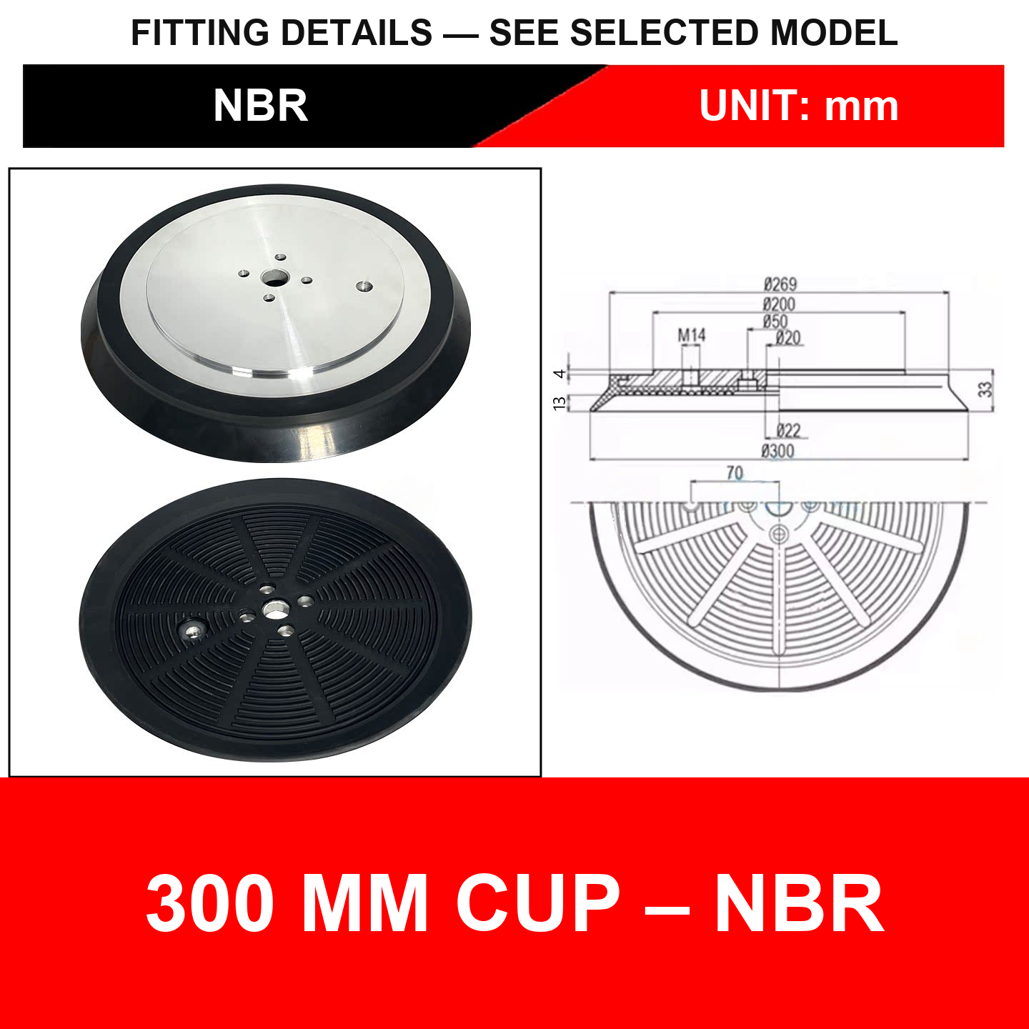 300 mm Cup – NBR heavy-duty vacuum cup or square-tube mount with technical dimensions