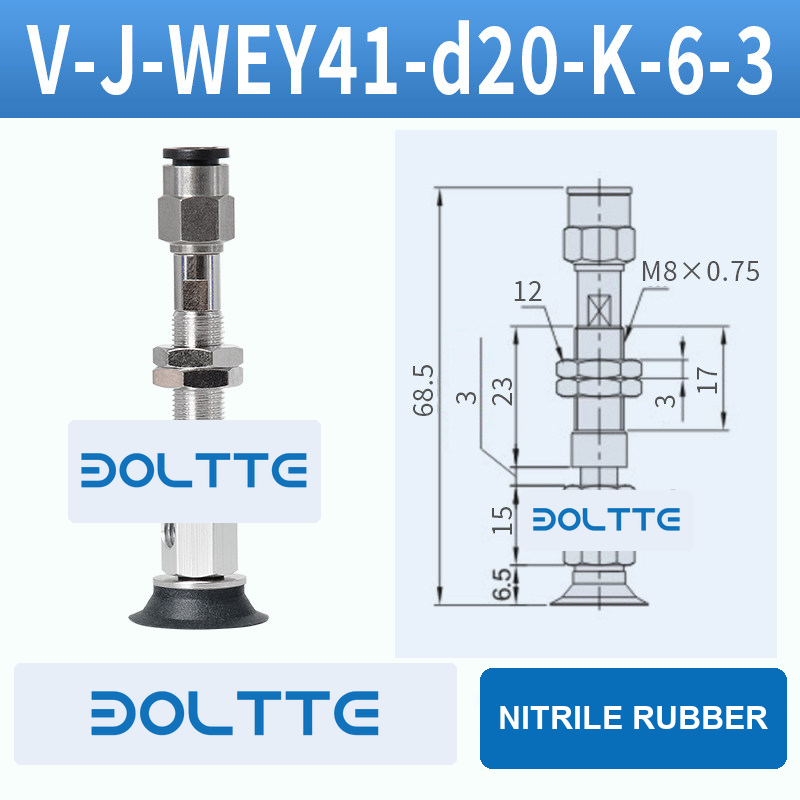 V-J-WEY41-D20-K-6-3 flat grooved vacuum cup assembly with dimensional drawing
