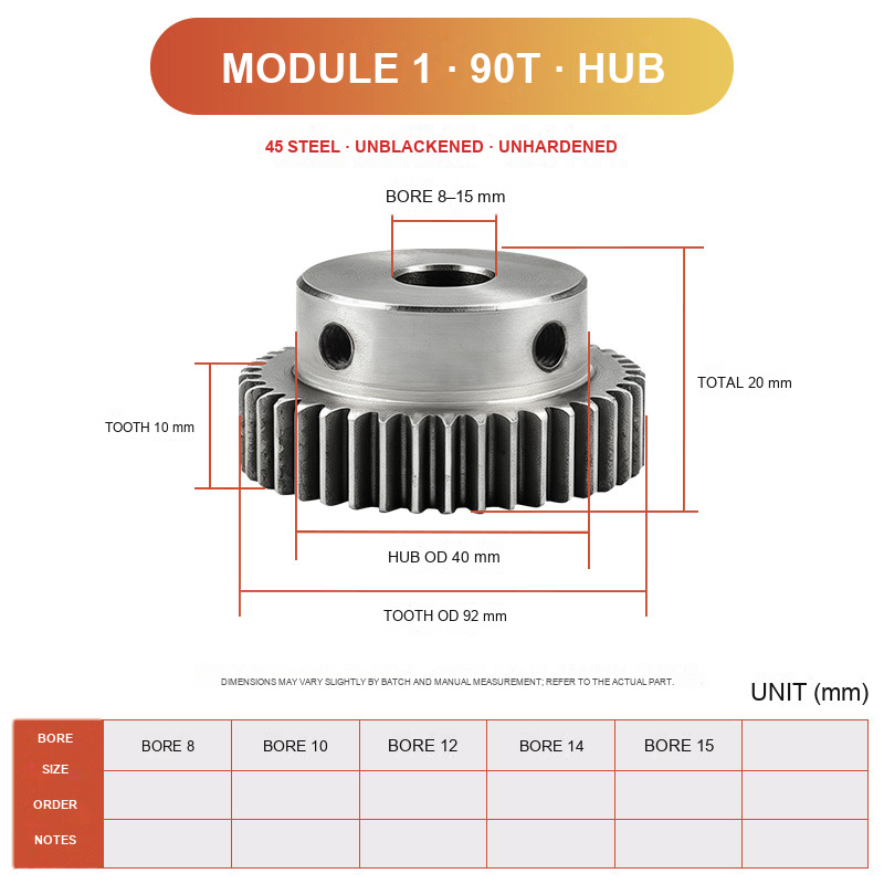 Module 1 / 90T / Hub 45 steel spur gear technical drawing