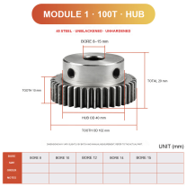 Module 1 / 100T / Hub 45 steel spur gear technical drawing