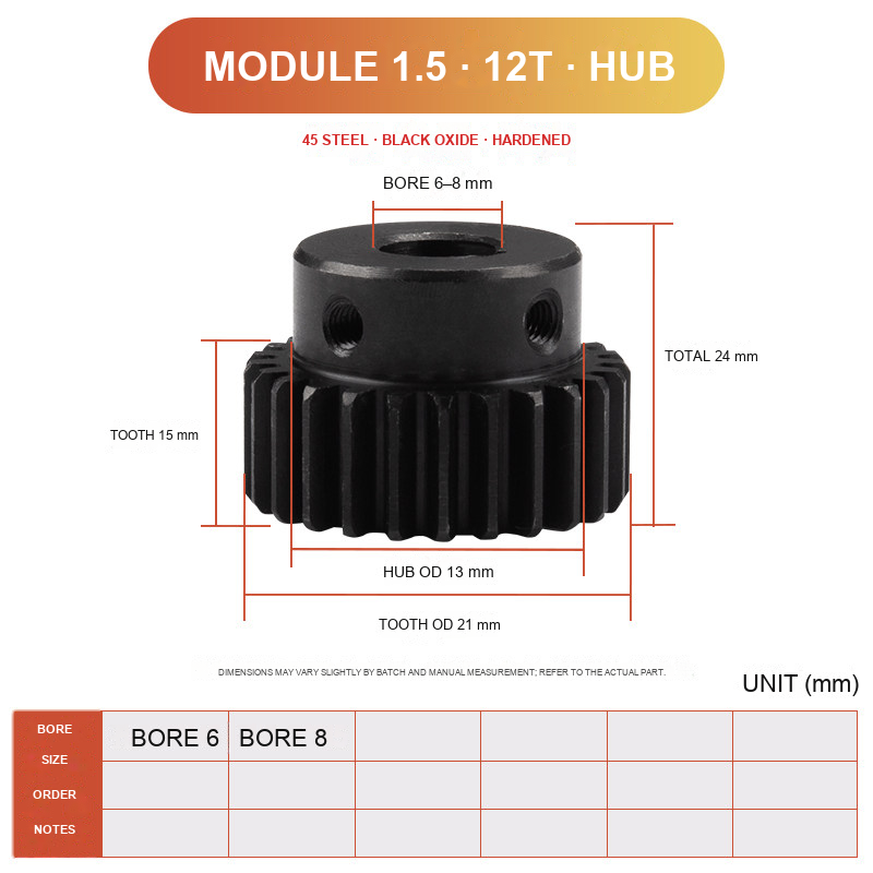 Module 1.5 / 12T / Hub 45 steel spur gear technical drawing