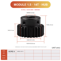 Module 1.5 / 14T / Hub 45 steel spur gear technical drawing