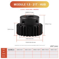 Module 1.5 / 21T / Hub 45 steel spur gear technical drawing
