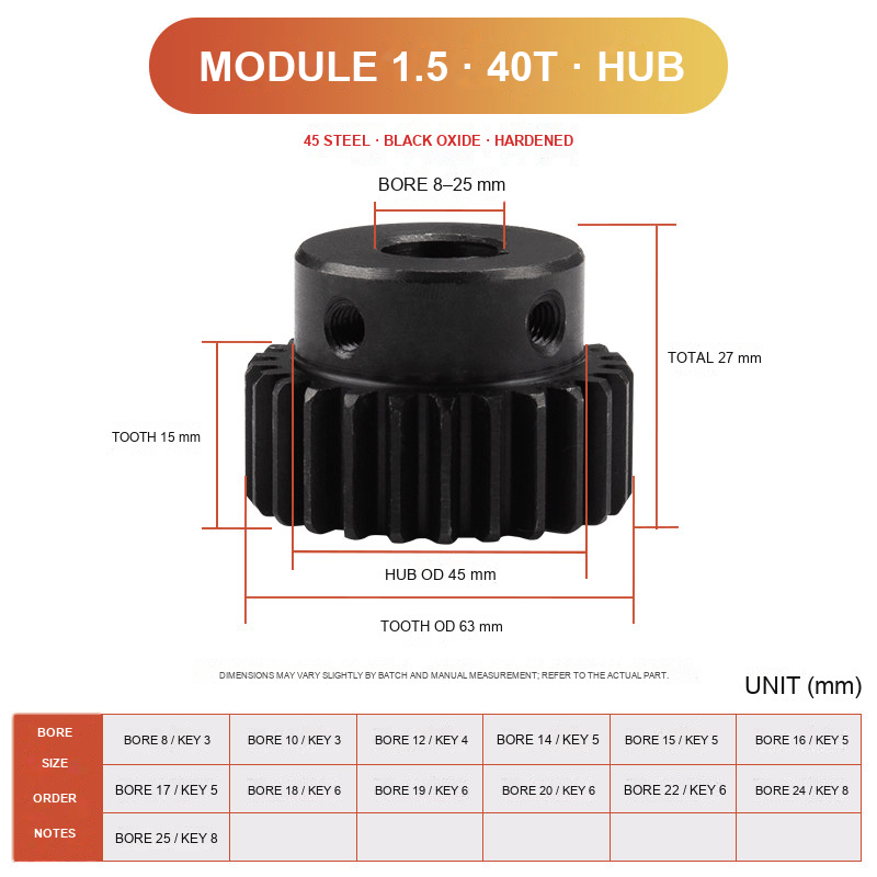 Module 1.5 / 40T / Hub 45 steel spur gear technical drawing