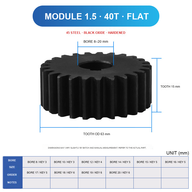 Module 1.5 / 40T / Flat 45 steel spur gear technical drawing