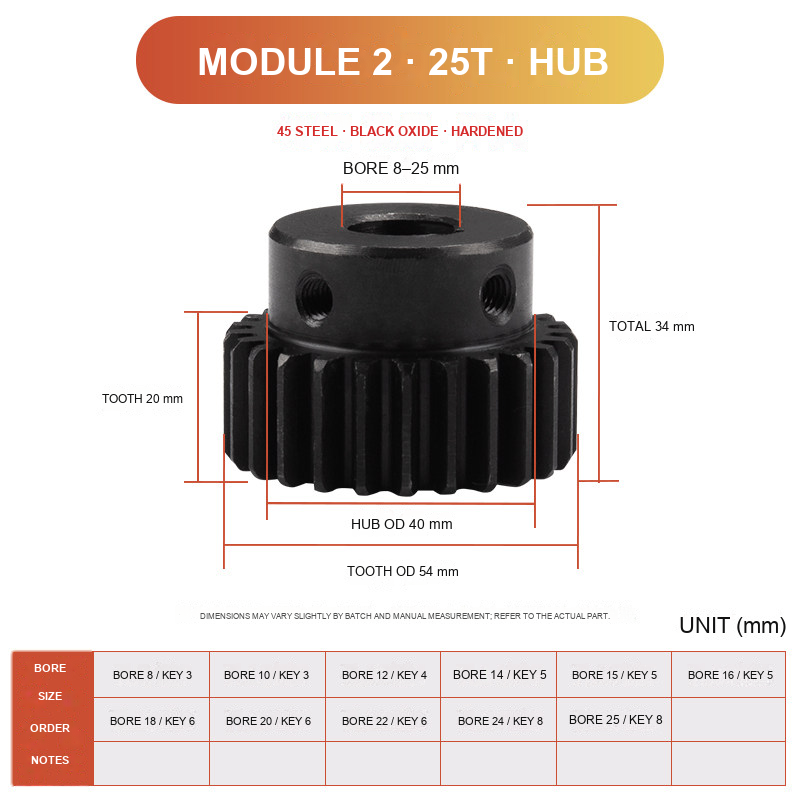 Module 2 / 25T / Hub 45 steel spur gear technical drawing