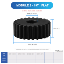 Module 2 / 19T / Flat 45 steel spur gear technical drawing