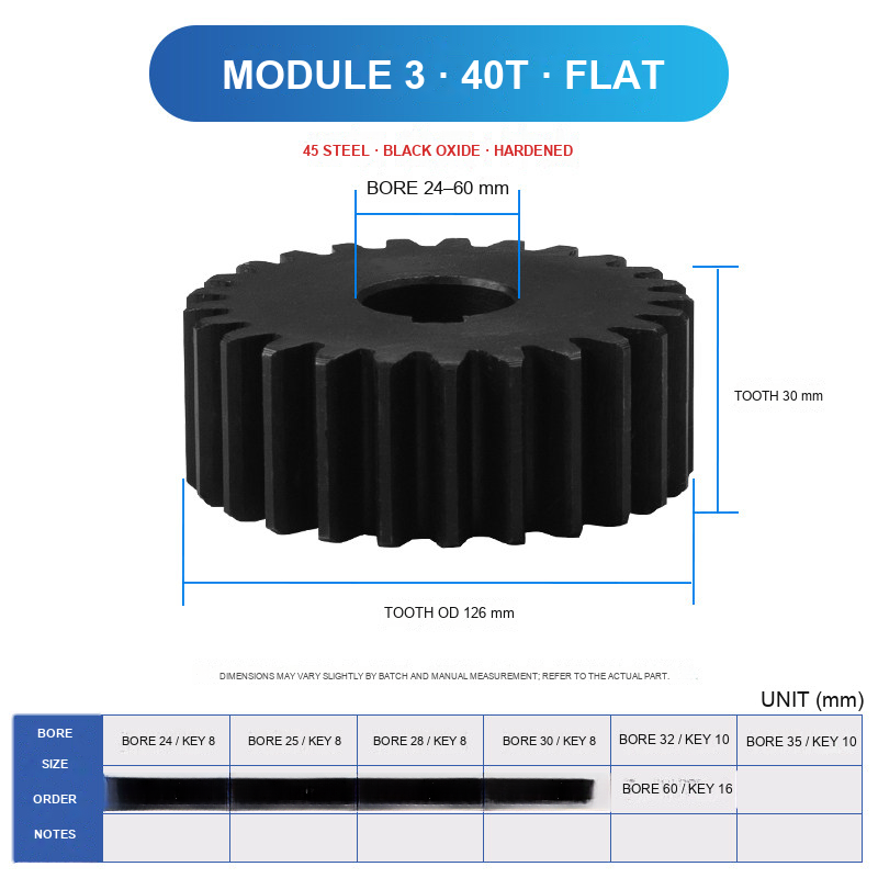 Module 3 / 40T / Flat 45 steel spur gear technical drawing
