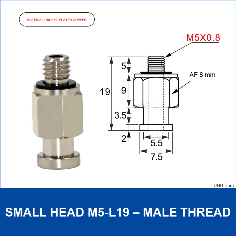 Small Head M5-L19 – Male Thread vacuum cup fitting or adapter, Nickel-Plated Copper, Male Thread, with technical dimensions