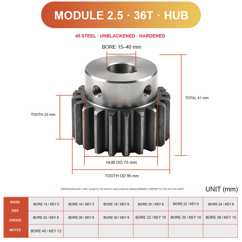 Module 2.5 / 36T / Hub 45 steel spur gear technical drawing