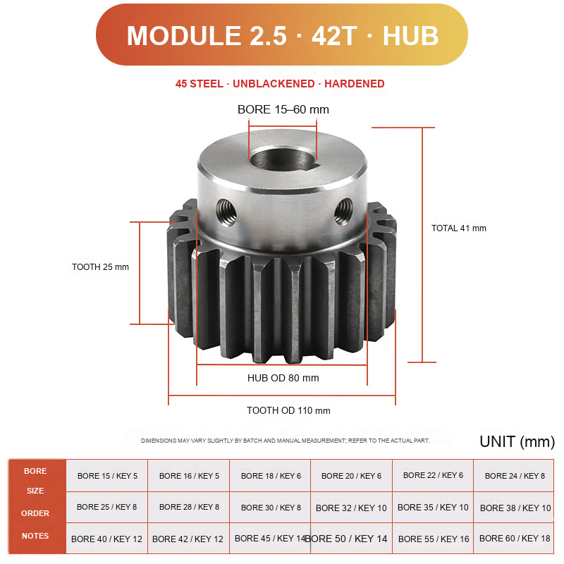Module 2.5 / 42T / Hub 45 steel spur gear technical drawing