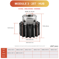 Module 3 / 25T / Hub 45 steel spur gear technical drawing