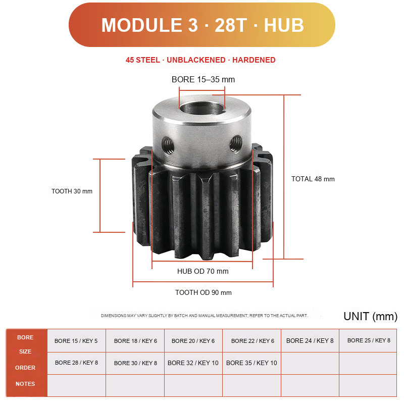 Module 3 / 28T / Hub 45 steel spur gear technical drawing