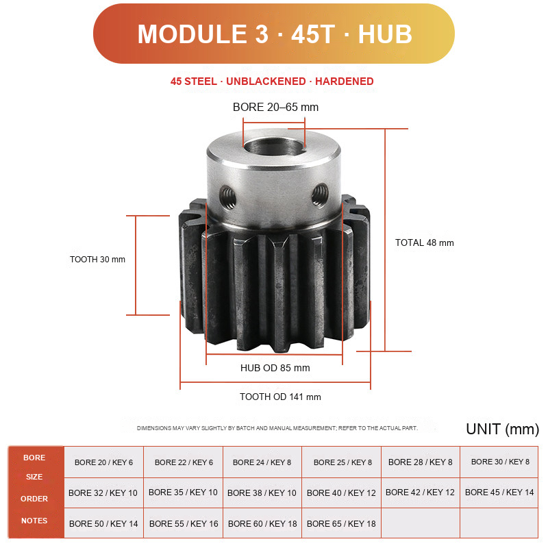 Module 3 / 45T / Hub 45 steel spur gear technical drawing
