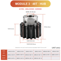 Module 3 / 48T / Hub 45 steel spur gear technical drawing